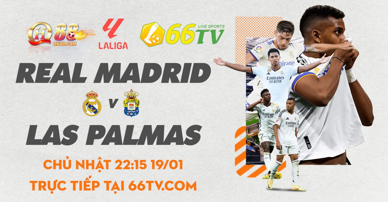 Nhà cái QH88 đưa ra mức cược trận đấu Real Madrid vs Las Palmas là Real Madrid -2.25, tài xỉu là 3.5