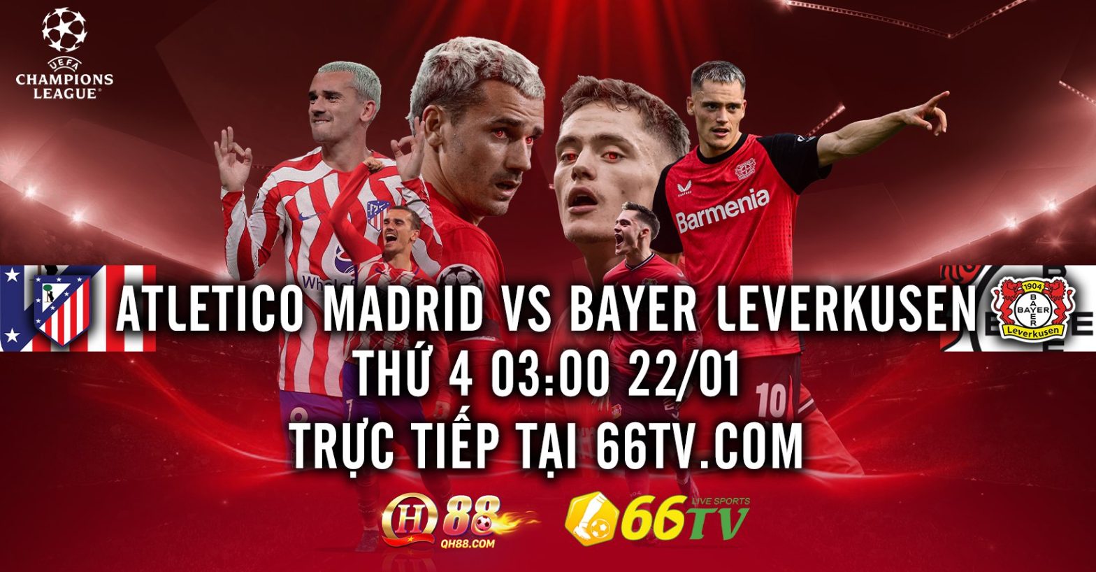 Nhà cái QH88 đưa ra tỉ lệ cược trận đấu Atletico Madrid vs Bayer Leverkusen là Leverkusen +0, tài xỉu là 2.25