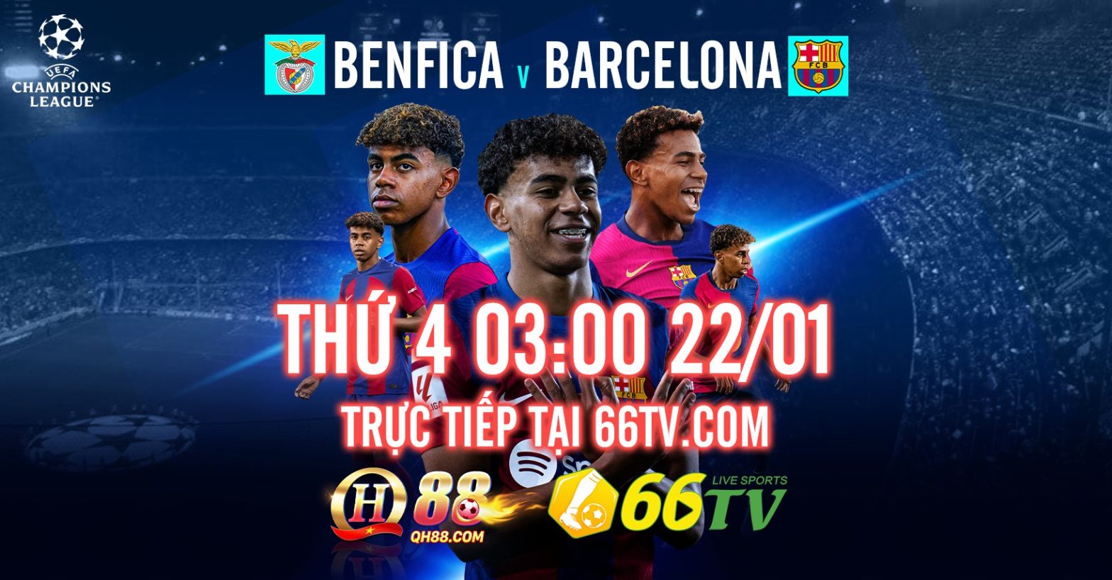 Benfica vs Barcelona có mức cược từ nhà cái QH88 là Benfica +0.5, tài xỉu là 3.25